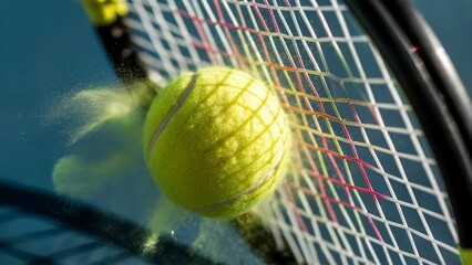 Macro Shot of Tennis Ball Hitting Racket