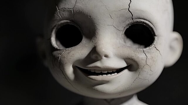 Creepy cracked doll with black eyes and unsettling smile in dark room.