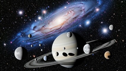 Spectacular depiction of a ringed planet set against a vibrant galactic backdrop with orbiting moons