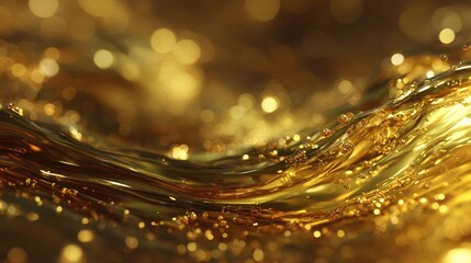 Abstract Golden Liquid Waves with Sparkling Particles and Bokeh Lights