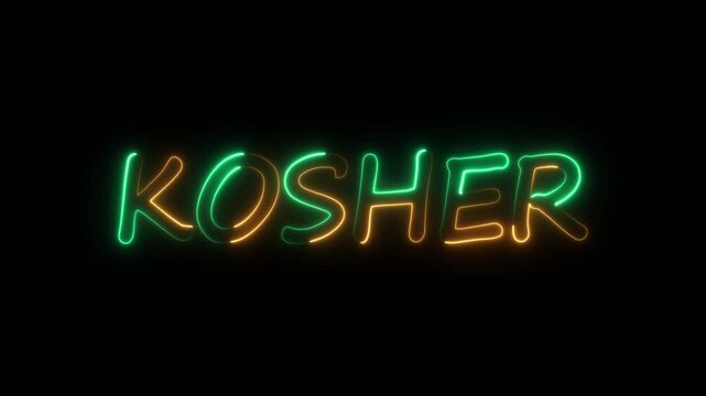 flickering neon kosher text animation. neon sign that flickers and glows with KOSHER