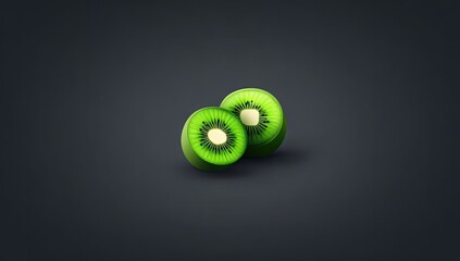 Two vibrant kiwi slices rest on a dark background, showcasing a glossy texture and a striking contrast.