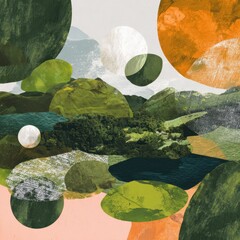 Abstract Landscape With Green Hills Water And Orange Circles And White Dots Nature Inspired Art