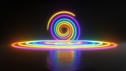 Abstract Neon Rainbow Swirl Portal on Dark Reflective Surface