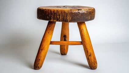A simple, rustic wooden stool with a round, natural wood top and three sturdy legs, displaying aged, warm tones and a handcrafted appearance.