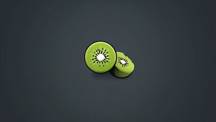 Two kiwi slices rest on a dark gray background, showcasing a simple, bright lime green.