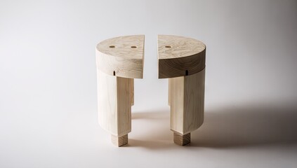 Two segmented, light-colored wooden stools with a unique, geometric design stand out against a plain background.