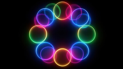 Abstract Ring Pattern With Rainbow Neon Light In Dark Background And Glowing Effect