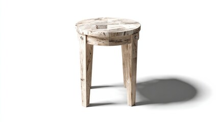 A simple, round wooden stool with a light beige, marbled top and four straight legs is showcased against a plain white background.