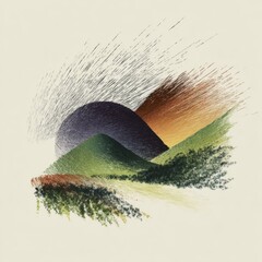 Abstract Sunrise Over Verdant Hills With Dotted Sky In Warm And Cool Tones