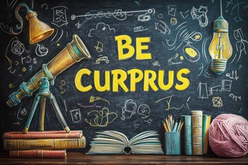 Chalkboard scene with vintage telescope on stacked books, open book, desk lamp, hanging light bulb, pencil cup, yarn ball and bold yellow text BE CURPRUS, playful inspiring mood