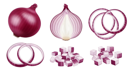 Red Onion Whole, Half, Sliced Rings, and Diced Pieces Set on White Background