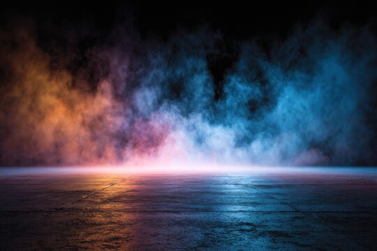 Colorful smoke on wet asphalt at night orange