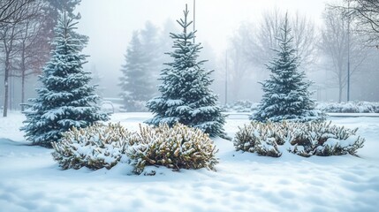 Snow-covered evergreen trees and frosted low shrubs in a misty park with bare trees, a quiet serene winter scene