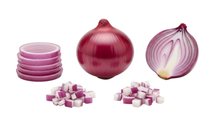 Red Onion Whole Sliced and Diced Isolated on White Background