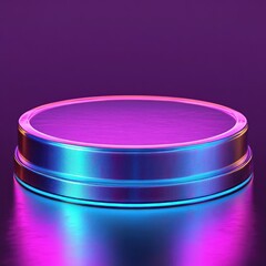 Round metallic pedestal on reflective floor bathed in neon purple and blue light, sleek futuristic vibrant mood