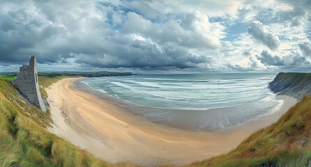 Ruined stone wall on grassy cliffs overlooking a wide sandy bay with rolling waves under a dramatic cloudy sky, evoking serene and dramatic solitude
