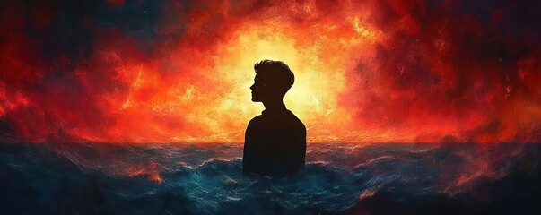 Obraz premium silhouette of a lone person standing waist-deep in turbulent sea beneath a fiery glowing sky, evoking solitude, awe and introspection