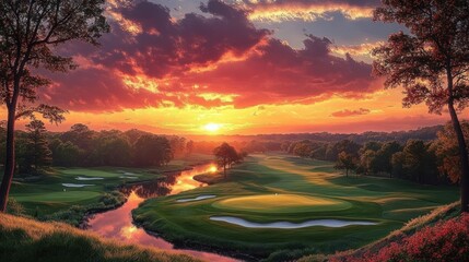 Tranquil golden sunset over a serene golf course with winding reflective river, manicured greens, sand bunkers, trees and colorful dramatic sky