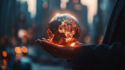 Hand holding a glowing digital globe with illuminated city networks and visible continents over a blurred urban night skyline, evoking awe and responsibility