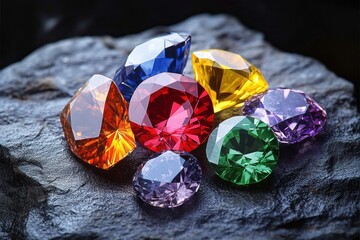 loose multicolored faceted gemstones clustered on dark textured stone, sparkling with radiant brilliance and luxurious gleam