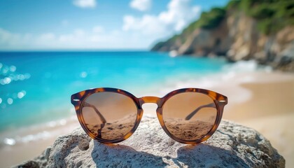 tortoiseshell sunglasses resting on a sunlit rock at a sandy beach with turquoise sea, rocky cliffs and a clear blue sky conveying relaxed summer escape