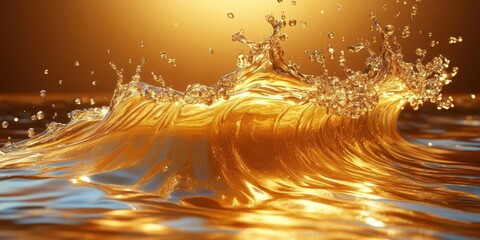 Glossy golden liquid wave with soaring droplets and shimmering highlights, a warm sunlit splash conveying dynamic motion and luxurious radiance