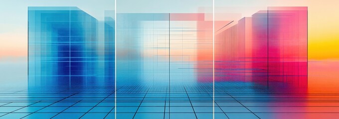 Translucent glass block cityscape with reflective grid floor, blue and pink gradient towers under a soft sunrise sky, serene futuristic minimal abstract atmosphere