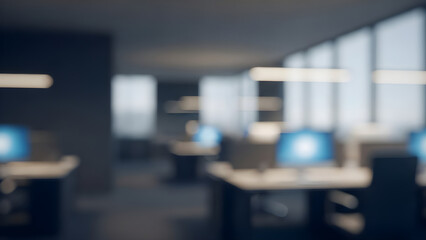 Modern open plan office space with blurred figures working at computers during a bright daytime.