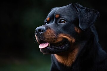 close-up portrait of a black and tan dog with glossy coat and tongue out, alert and content expression against a dark blurred background