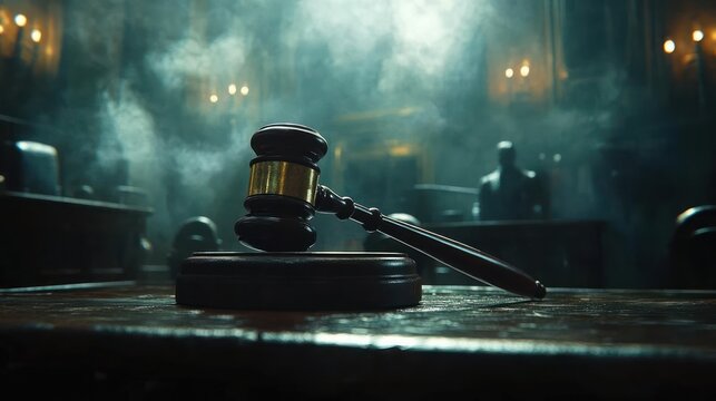 wooden judge gavel resting on block in a smoky courtroom with dim dramatic lighting and a solemn, tense atmosphere of justice and judgment