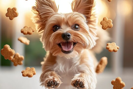 joyful small fluffy tan dog leaping toward the camera with paws outstretched, surrounded by flower-shaped dog biscuits and warm glowing bokeh background