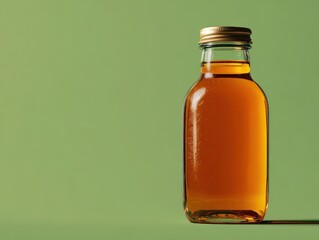 Amber Liquid In Clear Glass Bottle With Golden Cap On Green Background Studio Shot