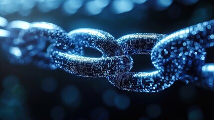 Close-up of glowing digital chain links with pixelated circuitry, blue bokeh lighting conveying strength, connectivity and futuristic security