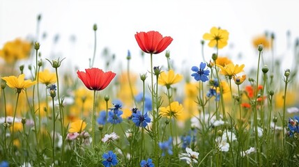 Bright wildflower meadow of red poppies, yellow daisies and blue cornflowers on green stems, serene and uplifting spring scene