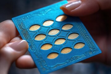 Close-up of hands with manicured nails holding an ornate blue card with oval cutouts revealing shimmering gold foil beneath, soft lighting and a delicate curious mood