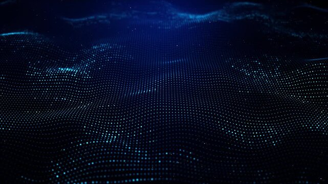 Abstract digital wave of blue particles flowing in a dark futuristic background