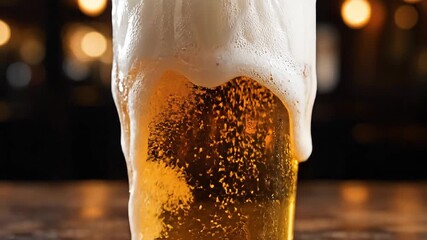 A refreshing glass of golden lager beer overflows with a thick frothy white head spilling down the sides of the cold condensationcovered glass onto a wooden bar counter in a dimly lit pub setting wit.