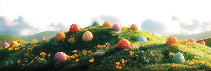 Colorful polka dot eggs scattered across sunlit green rolling hills dotted with orange poppies and small white wildflowers beneath fluffy clouds, evoking a peaceful cheerful spring mood