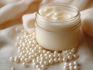 Open glass jar of creamy moisturizing face cream on soft beige fabric surrounded by scattered pearls, evoking luxury and gentle pampering