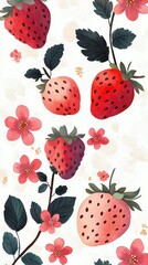 Whimsical watercolor strawberries, pink blossoms, dark green leaves and stems on a light background conveying a fresh playful summery mood