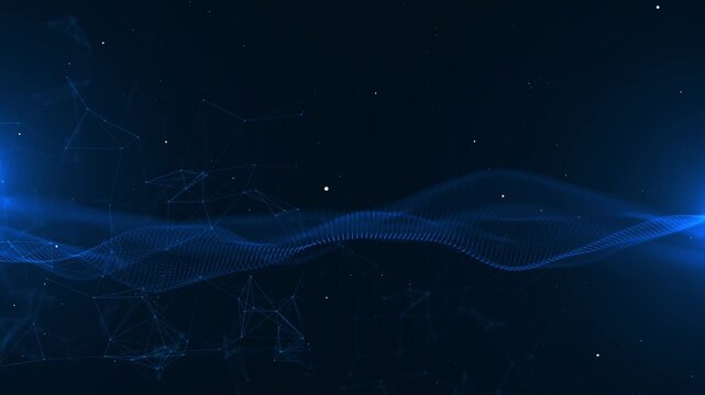 Abstract digital wave of blue particles flowing in a dark futuristic background