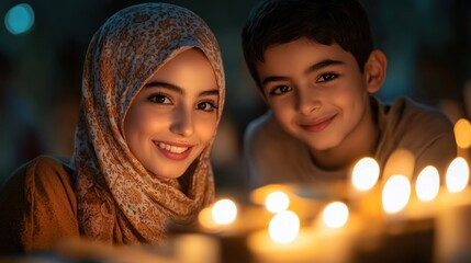 Woman in patterned headscarf and young boy surrounded by glowing candles, warm intimate solemn mood of quiet reflection