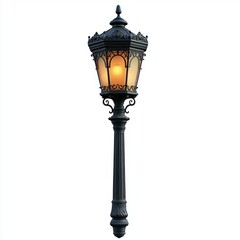 ornate vintage cast-iron street lamp with glowing frosted glass lantern on tall decorative post evoking cozy nostalgic elegance