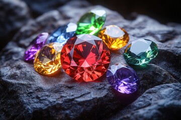 Vivid faceted red, green, blue, purple and yellow gemstones scattered on a rough dark rock, sparkling brilliantly and evoking luxury and wonder