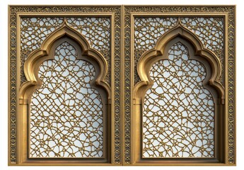 pair of ornate golden arched window panels with intricate lattice filigree and symmetrical carved frames, elegant and serene