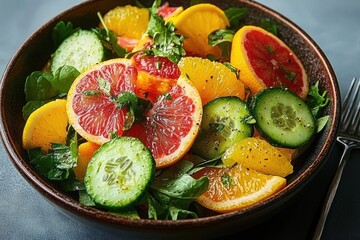 vibrant grapefruit and orange salad with cucumber, leafy greens and fresh herbs in a rustic bowl, bright and refreshing