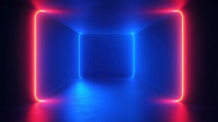 Empty futuristic neon-lit rectangular corridor with glowing blue center, pink illuminated side frames, reflective floor and moody atmospheric light evoking mystery