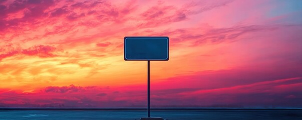 blank road sign on a single pole in an empty parking lot beneath a dramatic pink and orange sunset sky, evoking solitude and calm