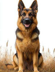 Seated German Shepherd with erect ears and rich tan and black fur among dry grasses, calm and alert portrait